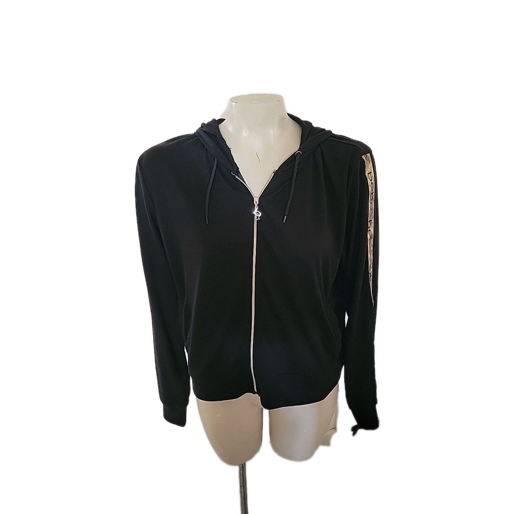 Bebe Black Zip Up Hoodie Track Jacket Logo‎ Tape Sleeve Womens XL Y2K streetwear